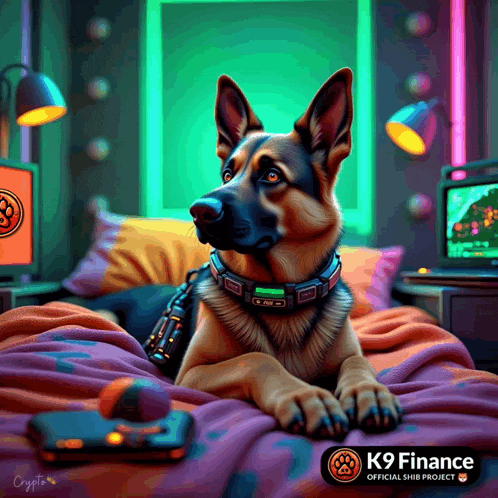 a german shepherd dog is laying on a bed with a k9 finance logo