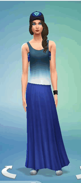 a woman wearing a blue hat and a blue and white dress