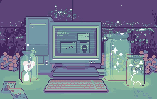 a pixel art drawing of a computer with jars of flowers and a keyboard