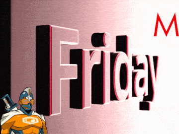 a cartoon character is standing in front of a sign that says friday