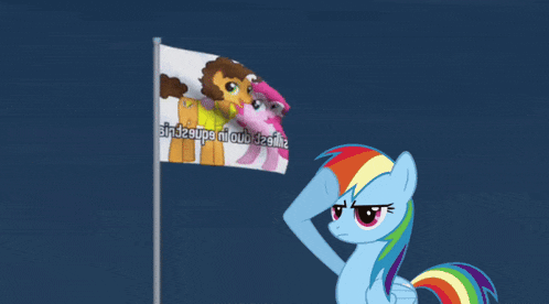 a rainbow dash stands in front of a flag that says sin32sups ni oub32illa