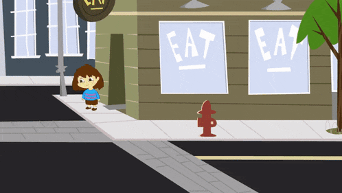 a cartoon drawing of a girl standing on a sidewalk in front of a restaurant that says eat