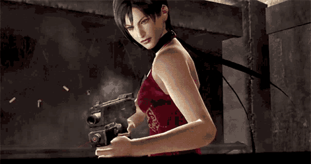 a woman in a red dress is holding a gun in her right hand