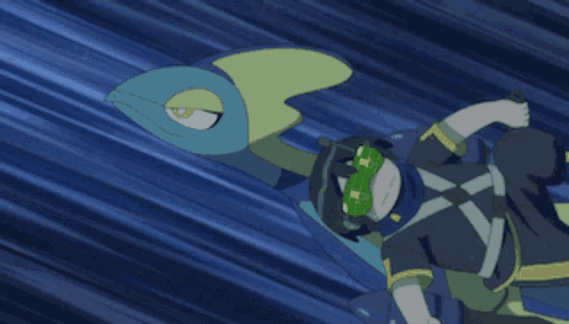 a cartoon character is laying on the ground with a lizard in the background