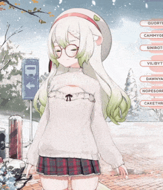 a girl in a white sweater and plaid skirt is standing in front of a sign that says ' io '