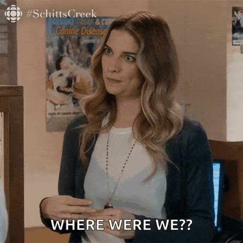 a woman says where were we in front of a poster of a dog