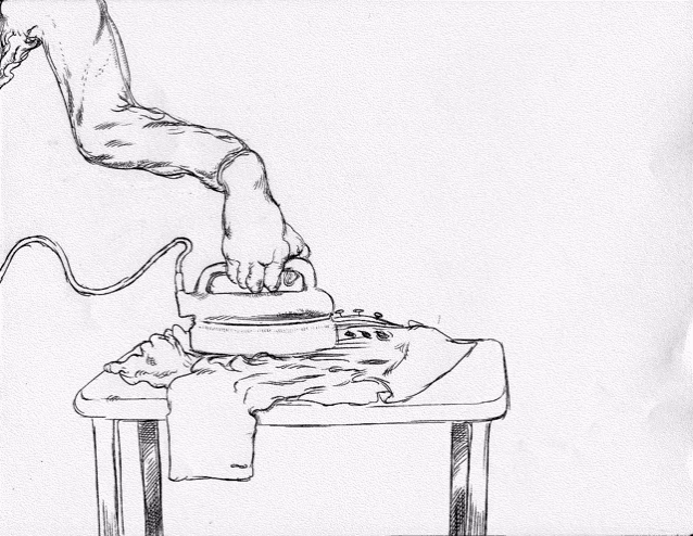 a black and white drawing of a person ironing a shirt