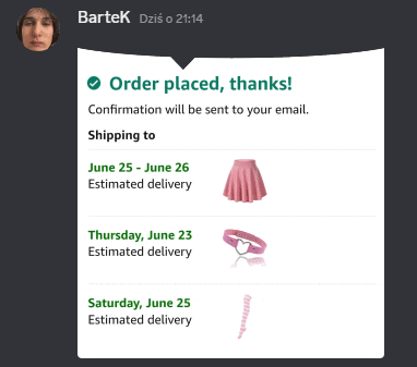 a message from bartek says order placed thanks and confirmation will be sent to your email shipping to june 25 - june 26