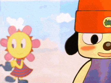 a cartoon character wearing an orange hat has a frog on it