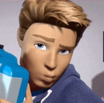 a cartoon character is holding a blue bottle of water