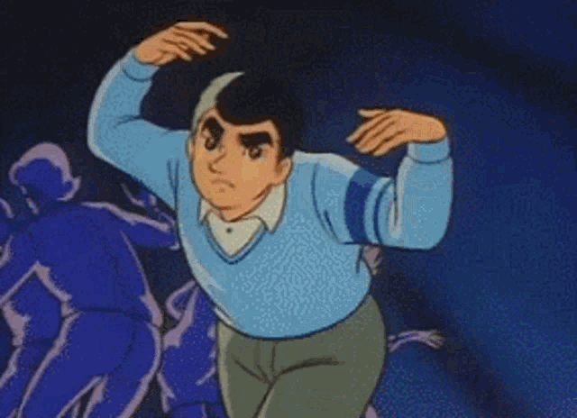 a man in a blue sweater is falling down