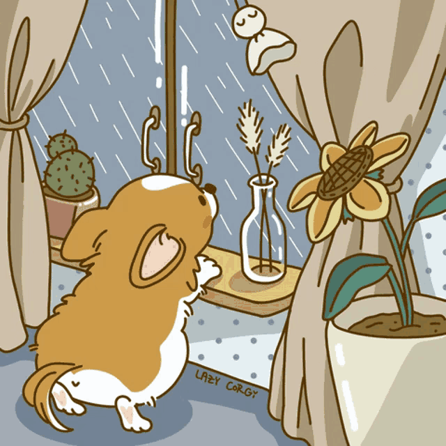 a cartoon of a dog looking out a window with lazy cargy written on the bottom right