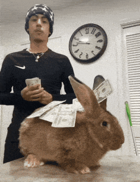 a man is standing next to a rabbit covered in money