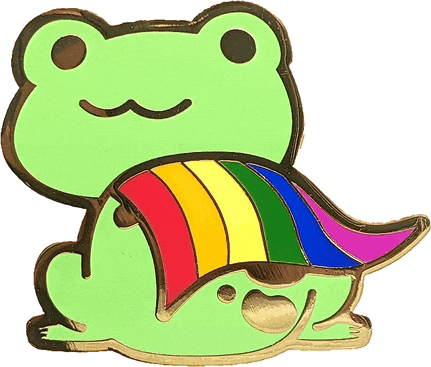 a green frog with a rainbow scarf around it 's neck