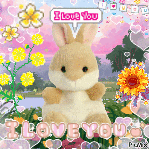 a stuffed bunny says i love you in a pink speech bubble