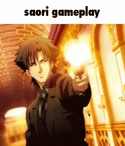 a man in a suit and tie is pointing a gun at the camera with the caption saori gameplay .