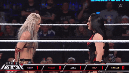 two women in a wrestling ring with a deadline of 2056
