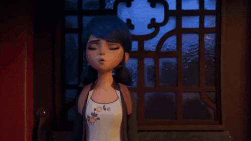 a cartoon girl with her eyes closed stands in front of a window