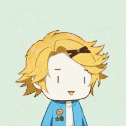 a cartoon drawing of a boy with yellow hair and a blue jacket