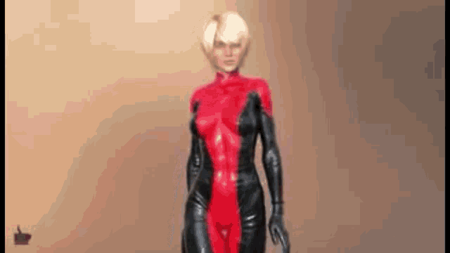 a woman in a red and black superhero costume is standing on a brown background .