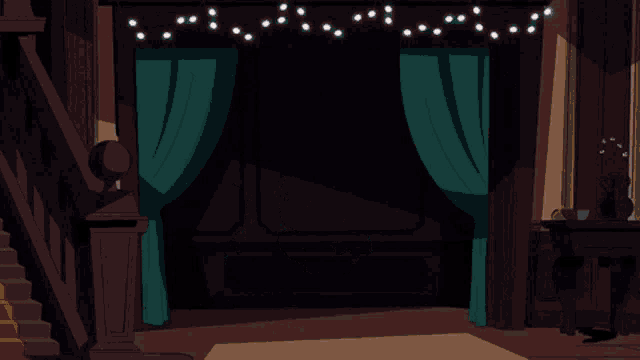 a couple of cartoon ducks are standing in a dark room with lights hanging from the ceiling
