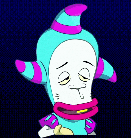 a cartoon character with a big pink mouth and a purple hat