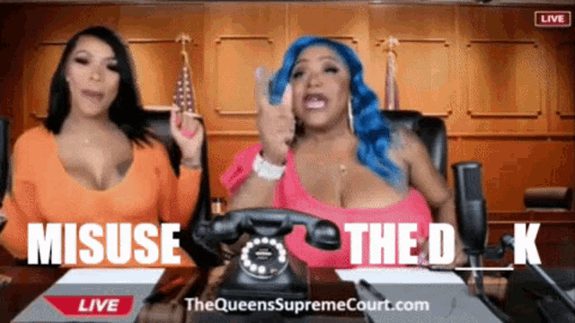 two women sitting at a table with misuse and the d k written on the screen