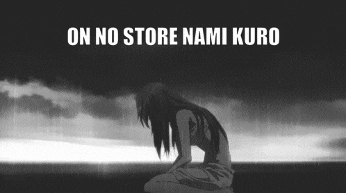 a black and white image of a girl kneeling in the rain with the words on no store nami kuro above her