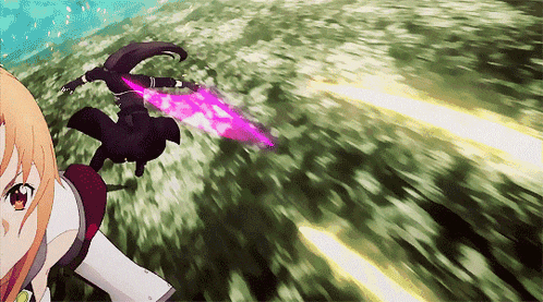 two anime characters are fighting with swords in a field