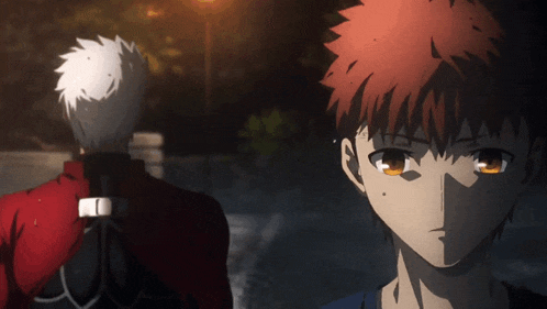 two anime characters are standing next to each other and one is looking at the camera