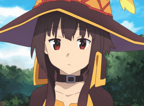 a girl wearing a witch hat and a choker looks to the side