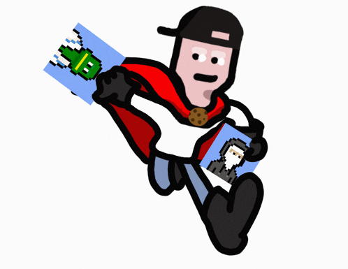 a cartoon of a man in a cape holding a sword and a picture of a man in a mask