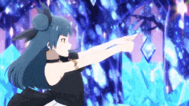 a girl in a black dress is pointing at something