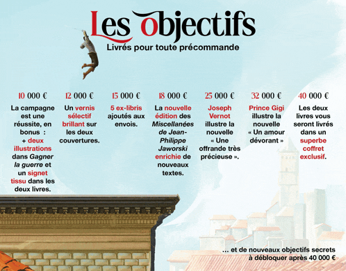 an advertisement for les objectifs shows a man hanging from a rope