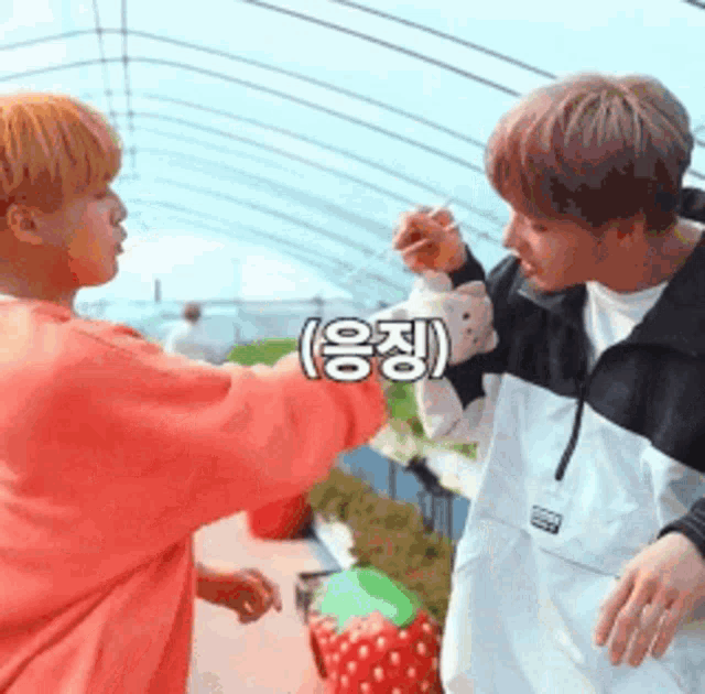 two young men are standing next to each other and one is feeding the other a strawberry .