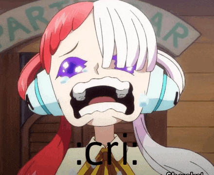 a cartoon girl with headphones on her ears is crying with her mouth open .