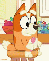 a cartoon dog is sitting on a stool holding a spoon