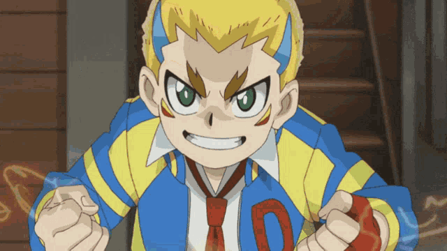 a boy in a blue and yellow jacket with the letter d on the front
