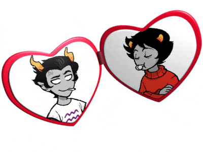 a couple of heart shaped mirrors with two cartoon characters on them