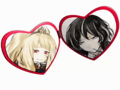 a couple of hearts with a picture of a girl and a boy inside of them .