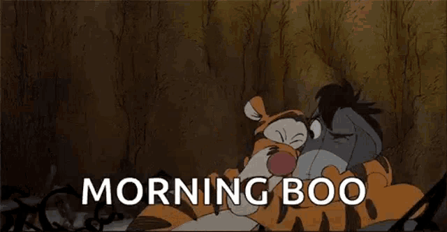 tigger and eeyore from winnie the pooh are hugging each other and the words morning boo are above them .