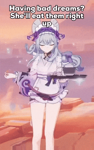 a maid holding a tray with the words " having bad dreams she 'll eat them right up " above her