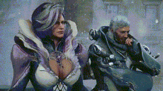 a man and a woman are sitting next to each other . the woman has purple hair and the man has silver hair .