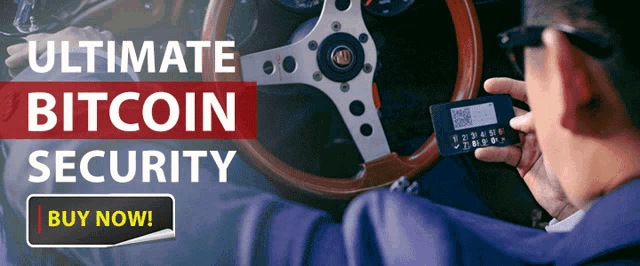 a man in a car holding a wallet with the words ultimate bitcoin security behind him