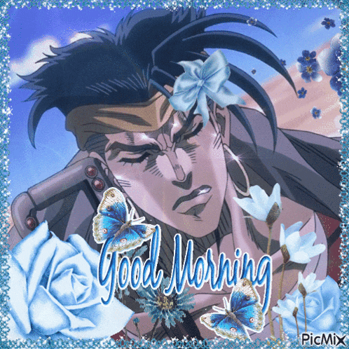a picture of a man with flowers in his hair and the words " good morning "