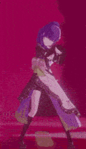 a cartoon character is dancing on a stage in a pink room .