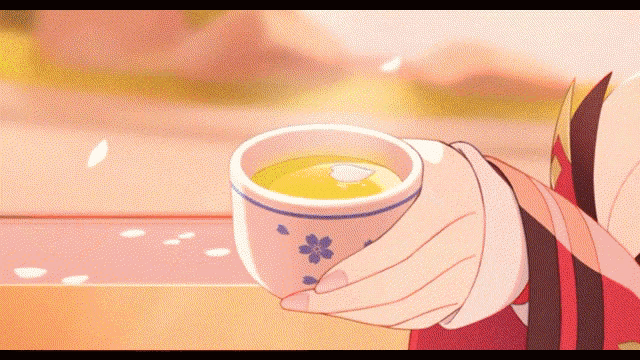 a cartoon character is holding a cup of tea