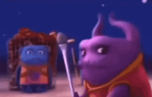 a purple cartoon character is holding a sword in front of a blue robot .
