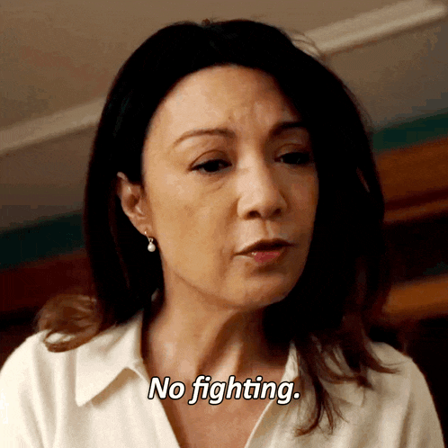 a woman in a white shirt says " no fighting " on her face