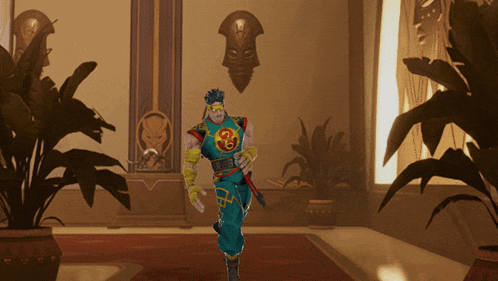 a cartoon character with the letter g on his chest is walking in a hallway